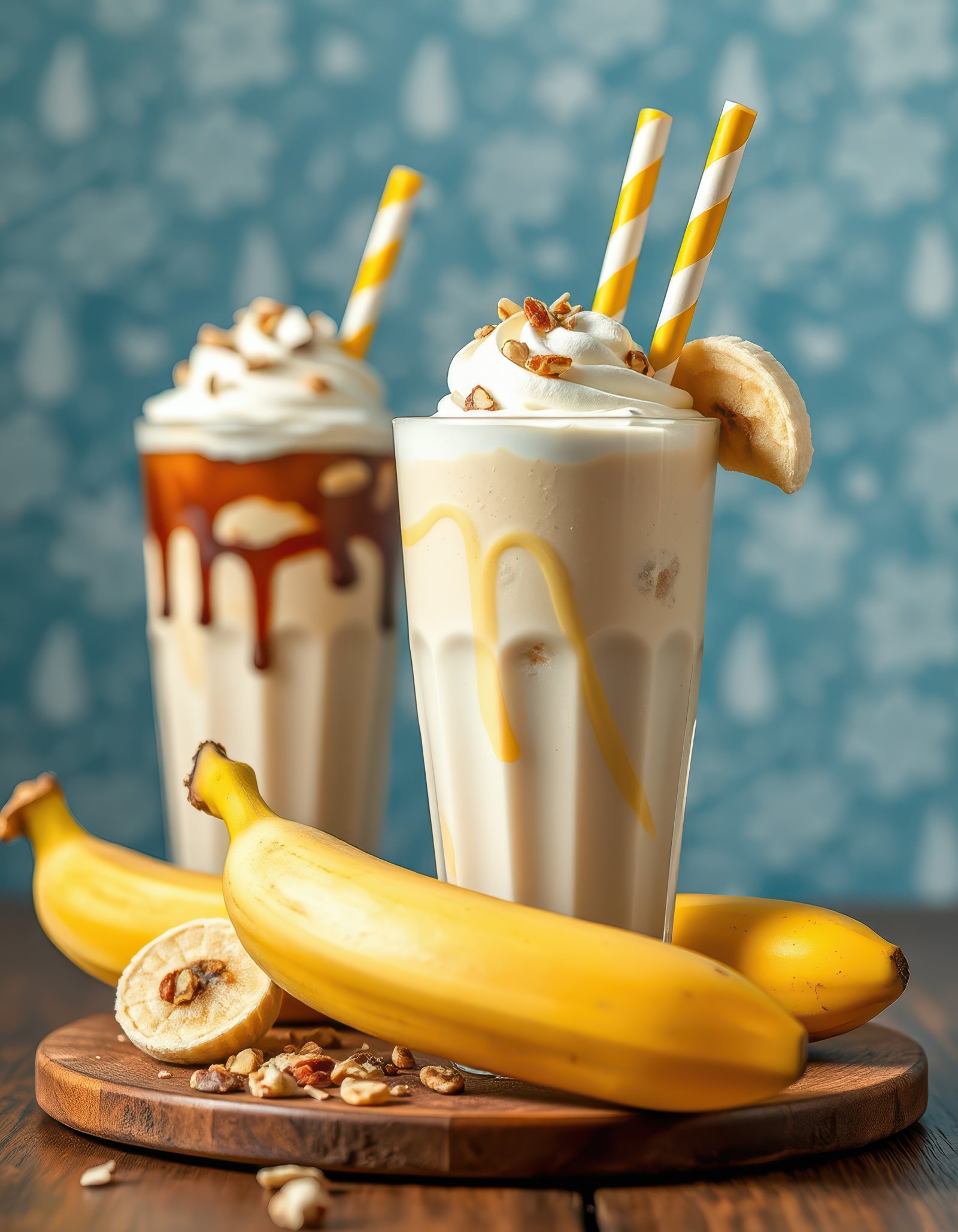 Delicious banana milkshakes topped with whipped cream and nuts on a rustic wooden table